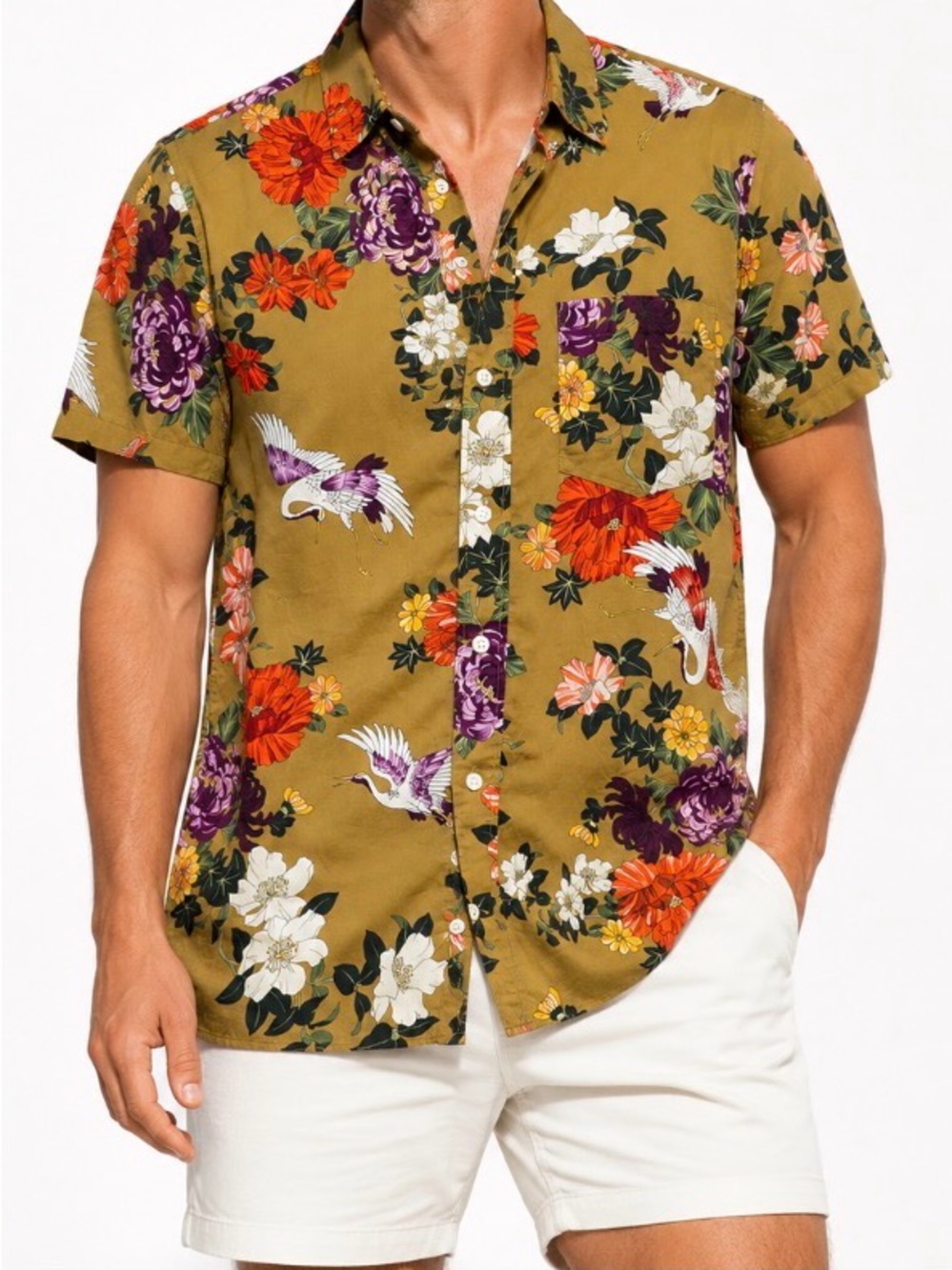 Goodthreads button front shirt mens small mustard Floral Hawaii shirt sleeves